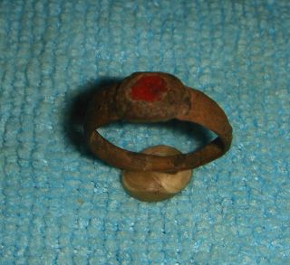 Stunning Wearable Ancient Roman Bronze Ring Red Gem 1 - 3rd Century Ad Ref.  508 photo