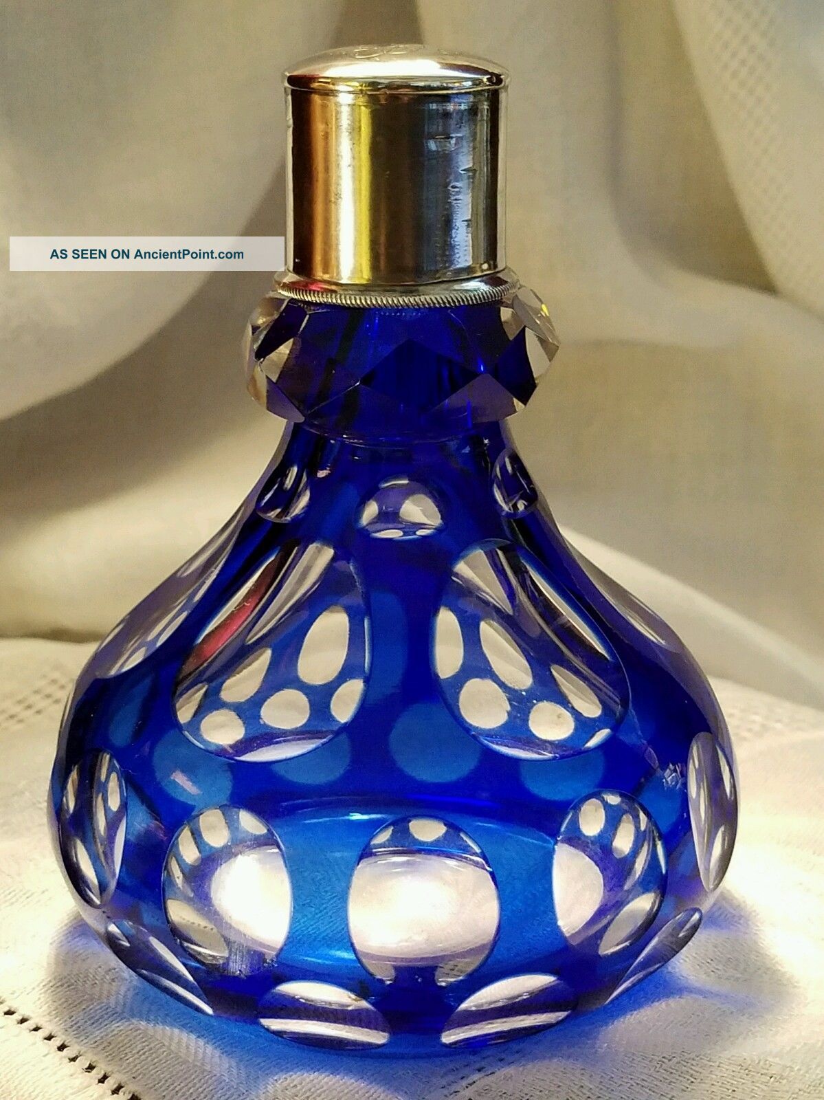 Antique Crystal Cobalt To Clear Perfume Bottle W/ Silver Monogram Top - Perfume Bottles photo