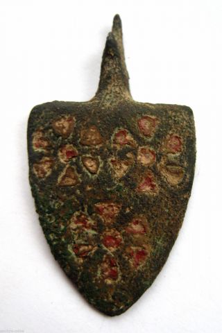 Circa.  1200 A.  D British Found Medieval Period Bronze & Enamel Heraldic Pendant photo