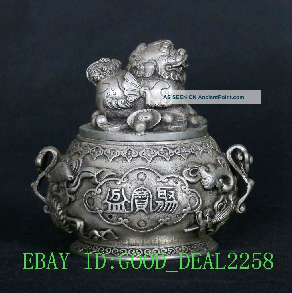 Tibet Silver Copper Hand - Carved Kirin Treasure Bowl Pot W Xuande Mark Gd1881 Pots photo