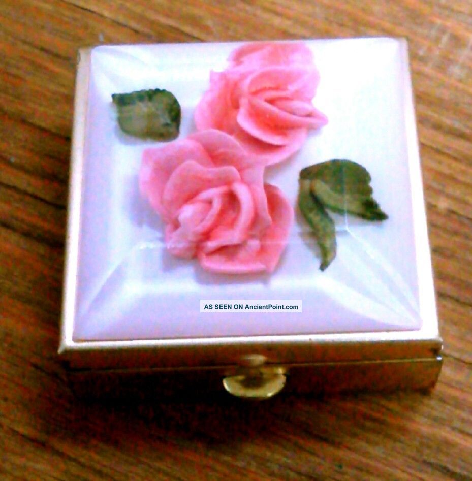 Vintage Bircraft Huntington Indiana Mini Lucite Pink Rose Pillbox Gold - Tone Other Antique Decorative Arts photo