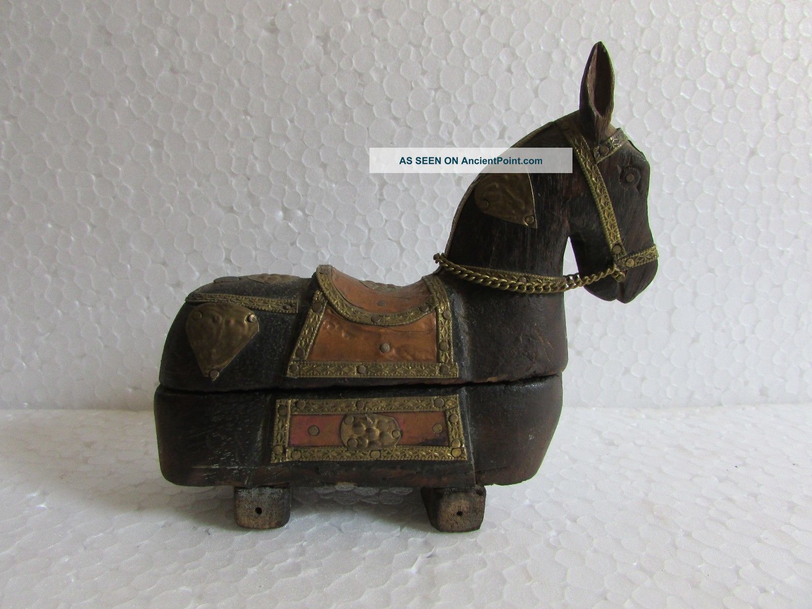 Vintage Old Hand Carved Brass /copper Fitted Horse Shape Kumkum Powder Tika Box India photo