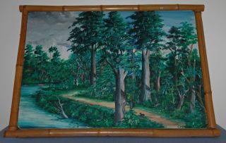 Folk Art Outsider Highwaymen Oil Painting On Canvas By J.  Moreno Bamboo Framed photo
