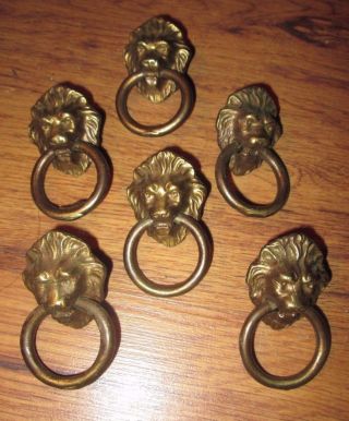6 Small Vintage Brass Lion Head Ring Pulls Drawer Pulls Replacement Hardware photo