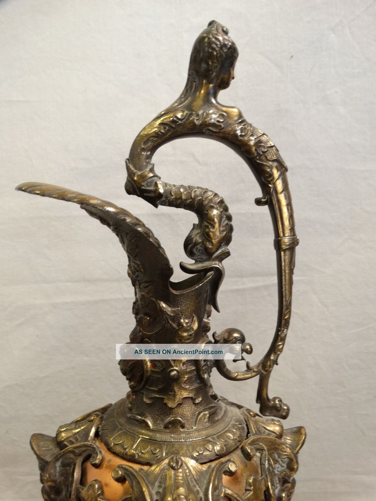 19thc Antique Victorian Era Viking & Lady Bust Old Bronzed & Copper Figural Ewer Metalware photo