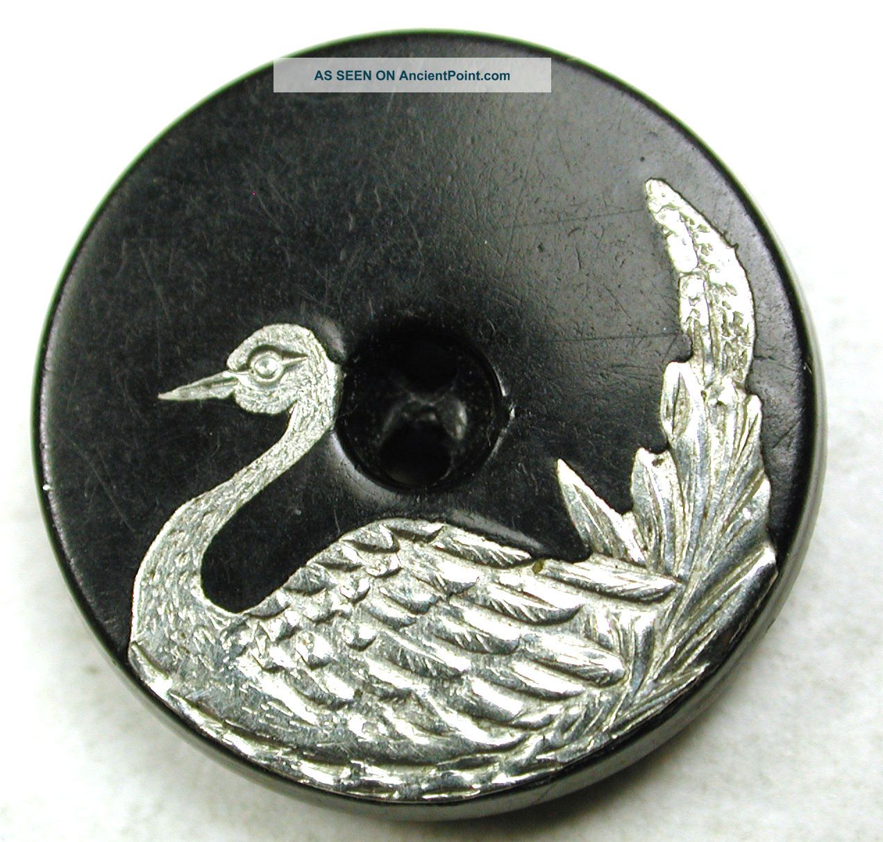 Antique Composition Button W/ Silver Swan Pictorial Inlay - 11/16 