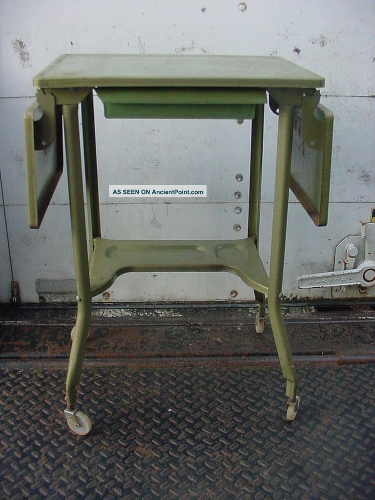 Vintage Mid Century Modern Green Typewriter Table Metal Desk Rolling Industrial Post-1950 photo