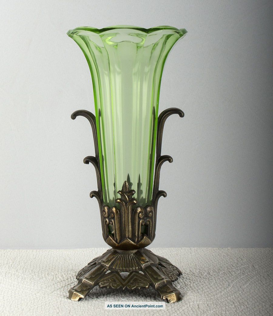 Large Decorative Antique Art Deco Machine Age Modernist Green Glass Vase Sublime Vases photo