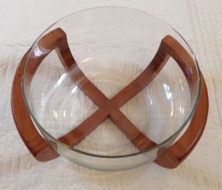 Danish Mid Century Modern Gailstyn Sutton Teak Wood Stand Glass Bowl Elegant photo