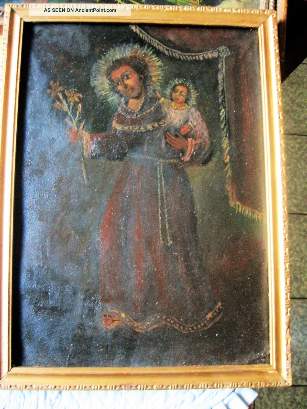Antique Retablo On Tin With Saint Anthony With Christ Child,  Wood Frame Latin American photo