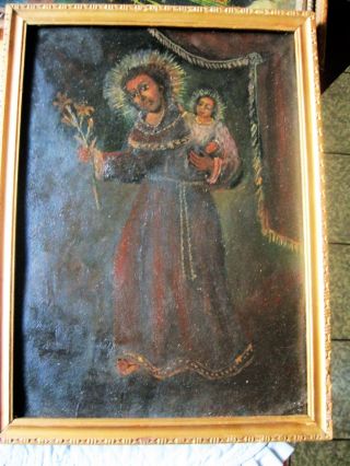 Antique Retablo On Tin With Saint Anthony With Christ Child,  Wood Frame photo