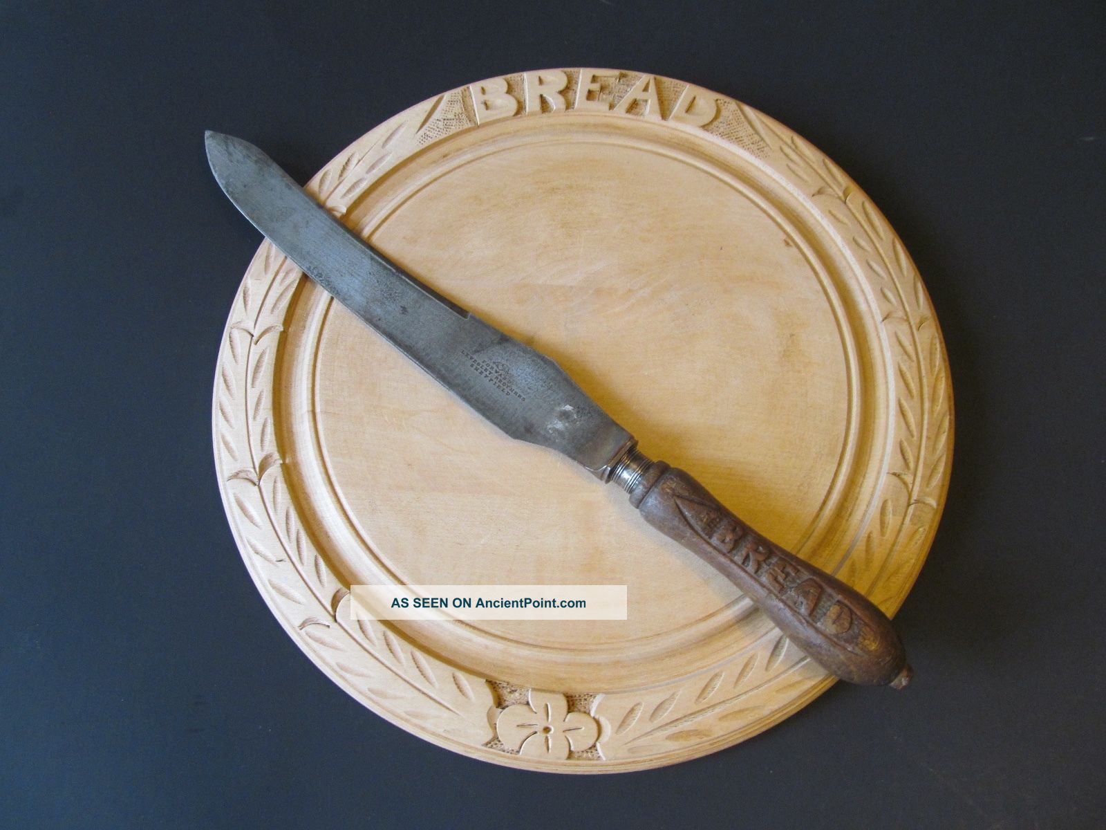 Antique Primitive Round Wood Bread Board And Knife Sheffield Primitives photo