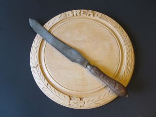 Antique Primitive Round Wood Bread Board And Knife Sheffield photo