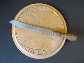 Antique Primitive Round Wood Bread Board And Knife photo