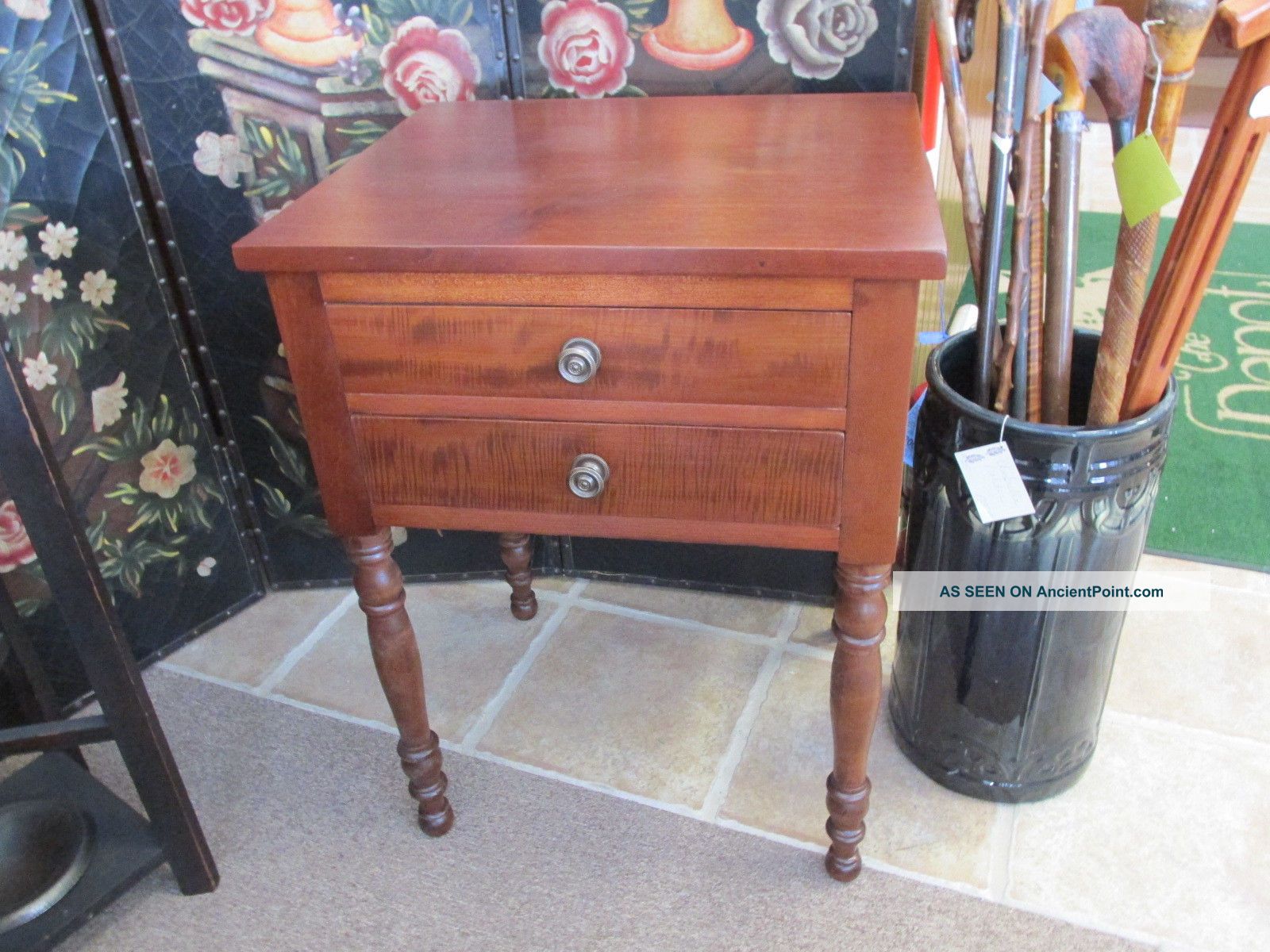 S25 Antique Cherry Two Drawer Nightstand Tiger Drawers One Board Trop Turned Leg 1800-1899 photo