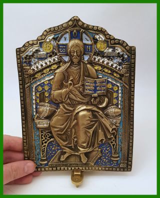 Large Russian Orthodox Bronze Icon The Savior Almighty.  Enameled photo