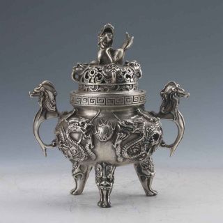 Chinese Tibetan Silver Hand - Carved Loong Incense Burner W Ming Xuan De Gd5655 photo