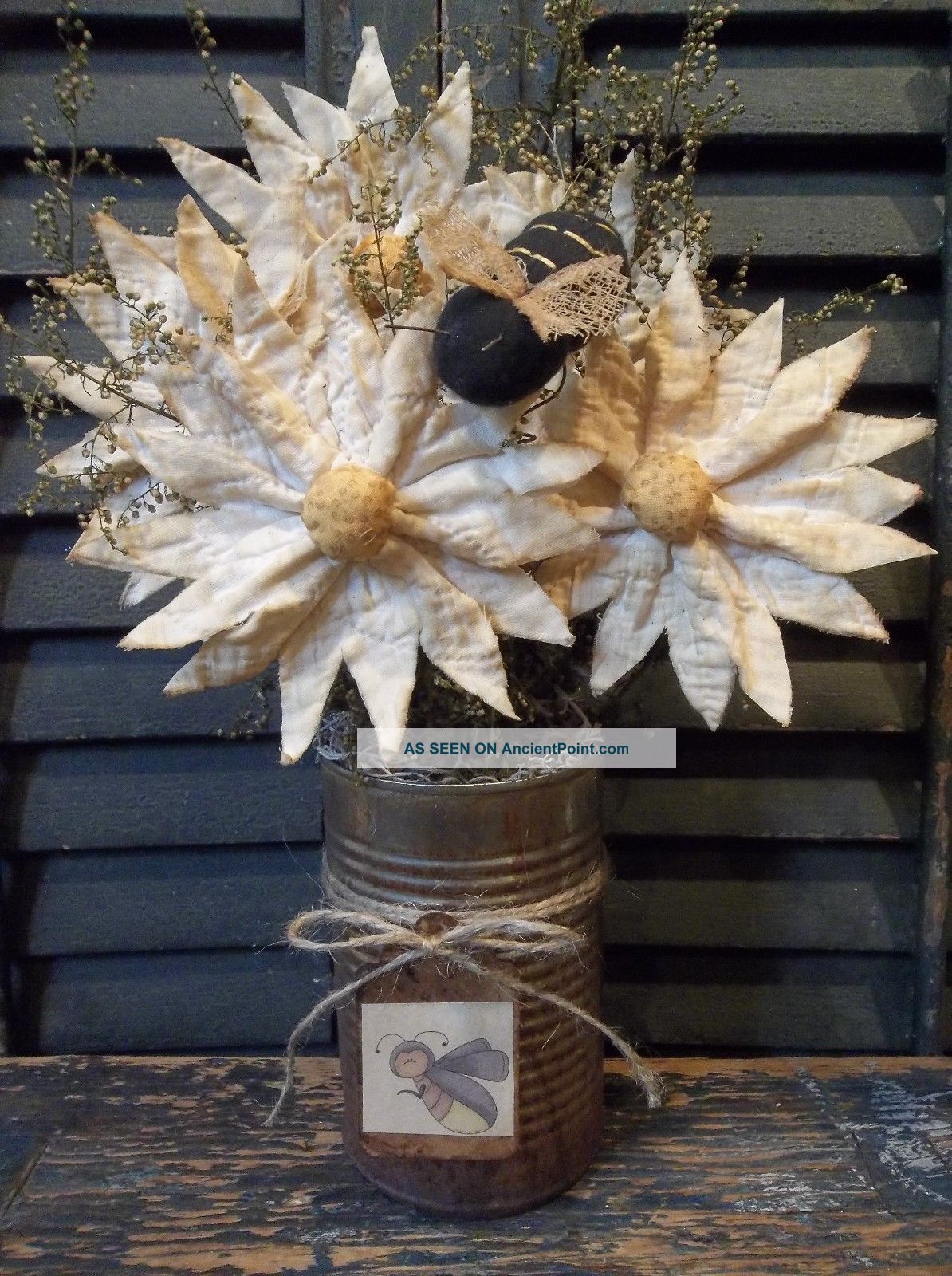 Gathering Of Primitive Antique Cutter Quilt Daisies/bee In Old Rusty Tin Can Primitives photo