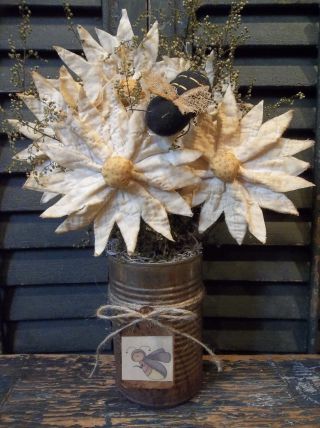 Gathering Of Primitive Antique Cutter Quilt Daisies/bee In Old Rusty Tin Can photo