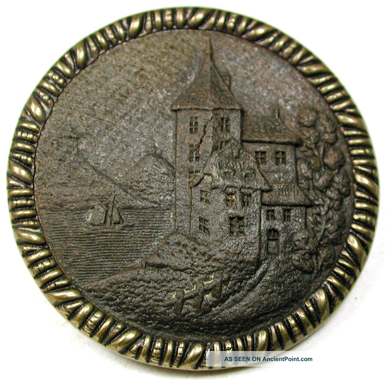Antique Pressed Wood In Brass Button Detailed Chateau Above River - 1 & 716 