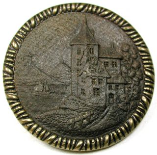 Antique Pressed Wood In Brass Button Detailed Chateau Above River - 1 & 716 