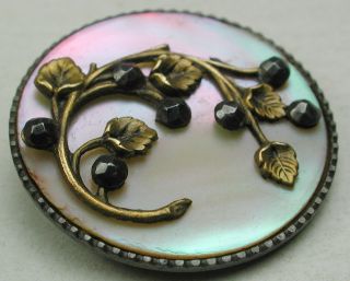 Antique Steel Cup Button Iridescent Shell W/ Floral W Cut Steel Accents 1 & 1/16 photo