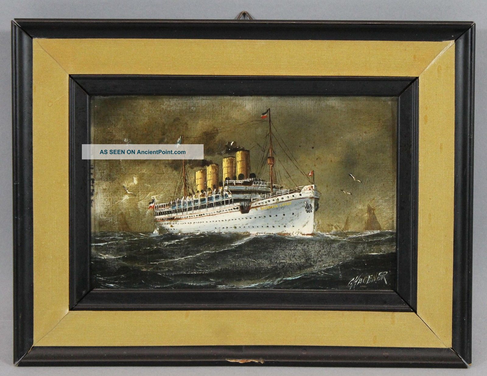 Antique C.  Hagener Miniature Maritime Oil Painting,  Ocean Liner Victoria Luise Folk Art photo