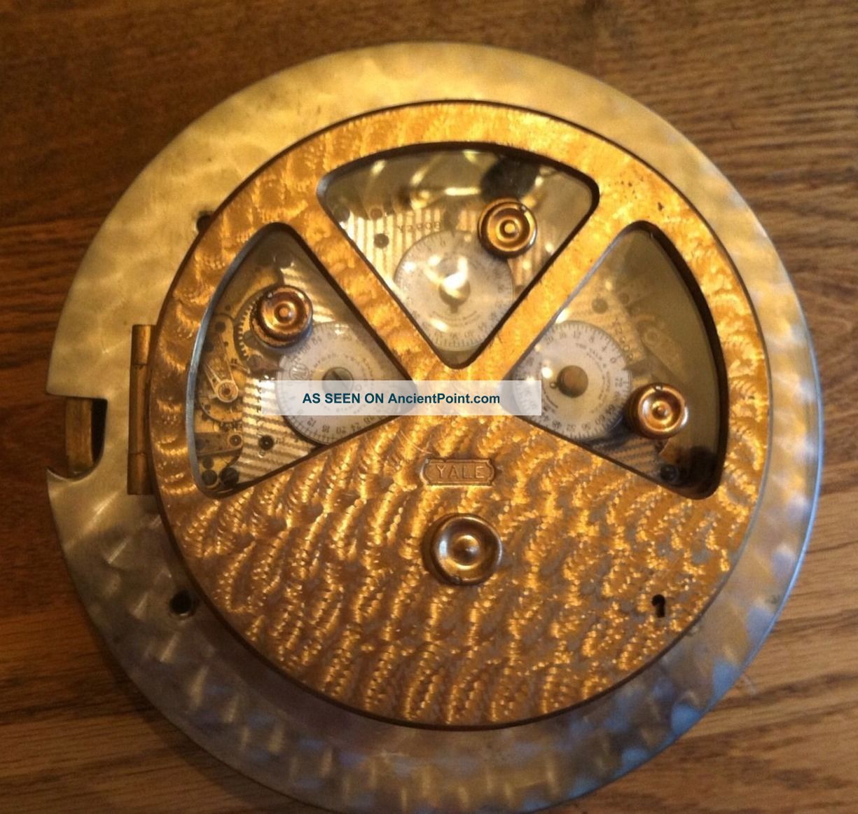 Brass Yale Time Lock Pie Shape Antique Clock Work Three Window Locks & Keys photo