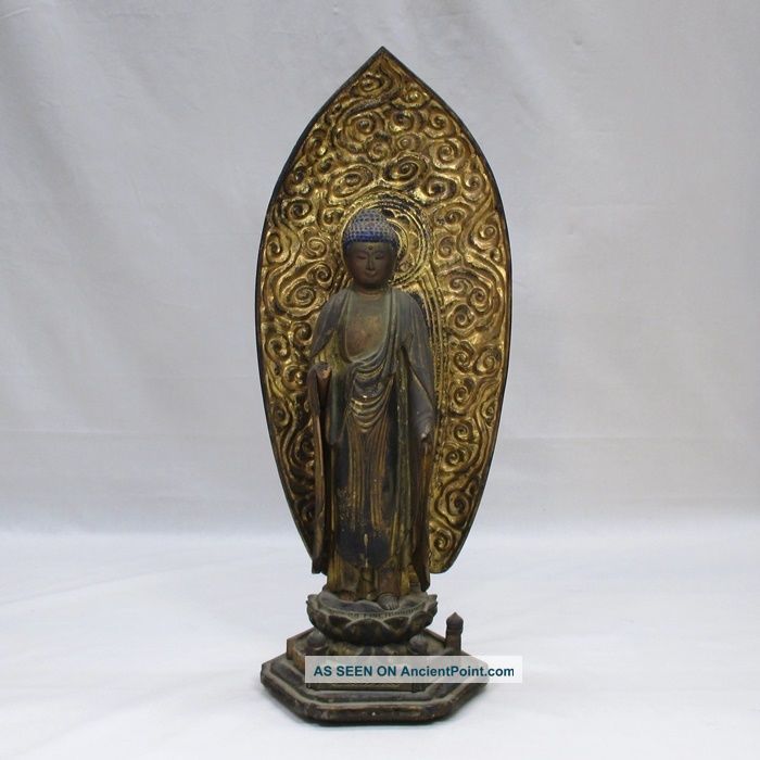 F457: Japanese Old Colored Wood Carving Buddhist Statue Amitabha W/gyoku - Gan Statues photo