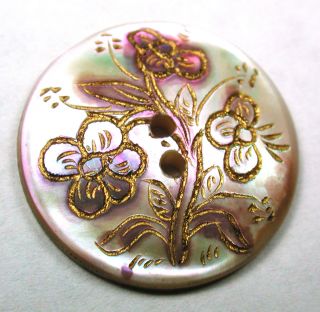 Antique Carved Iridescent Shell Button Flower Sew Through Design - 11/16 