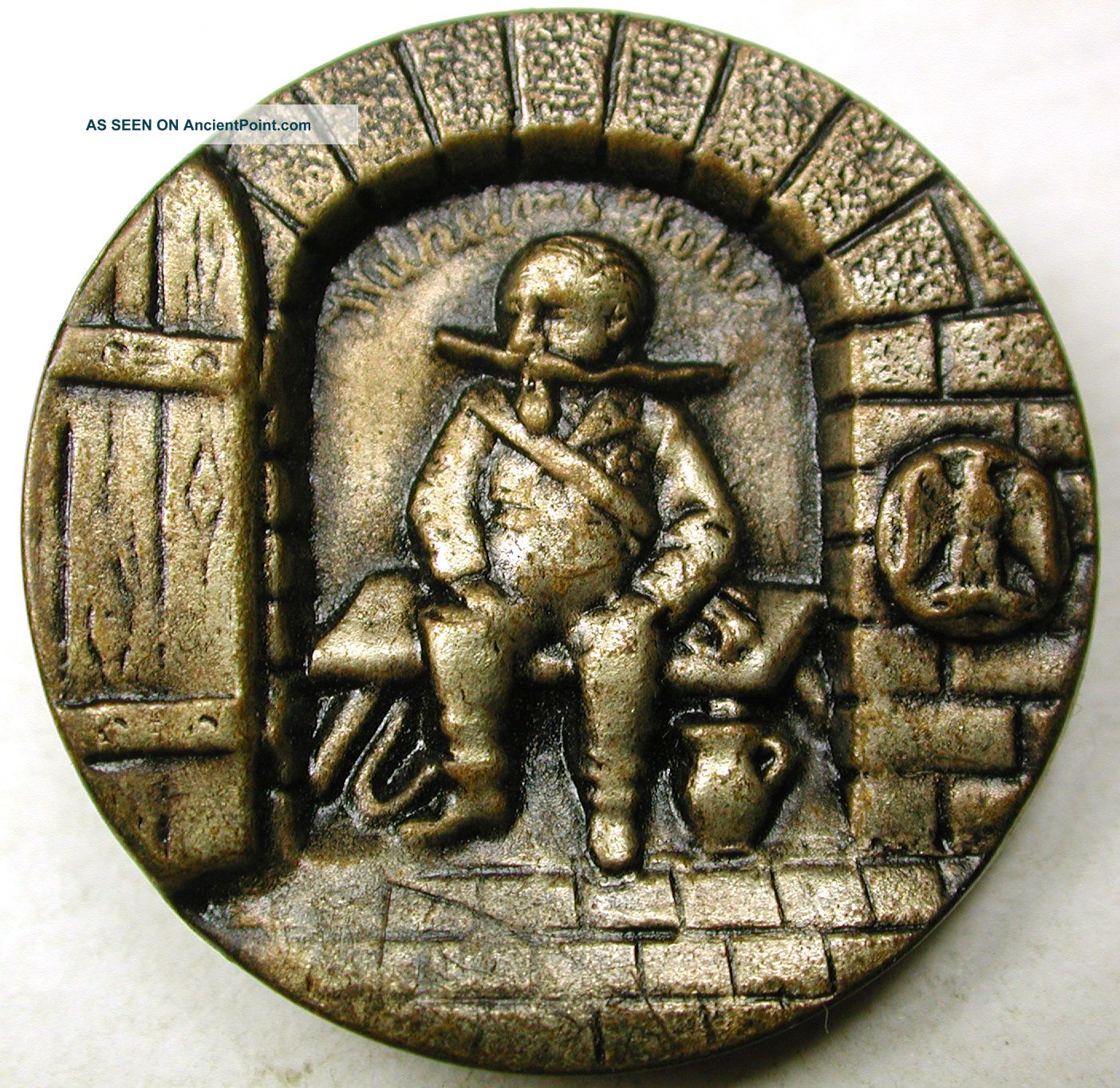Antique Brass Button Man W/ Long Mustache Sits In Doorway - 1 & 1/8 
