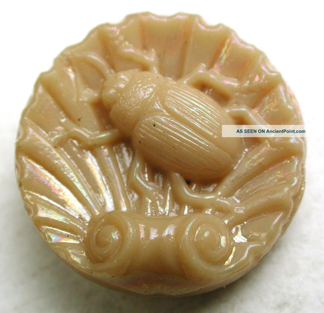 Antique Custard Glass Button Beetle On Sea Shell W Lite Carnival Luster - 11/16 