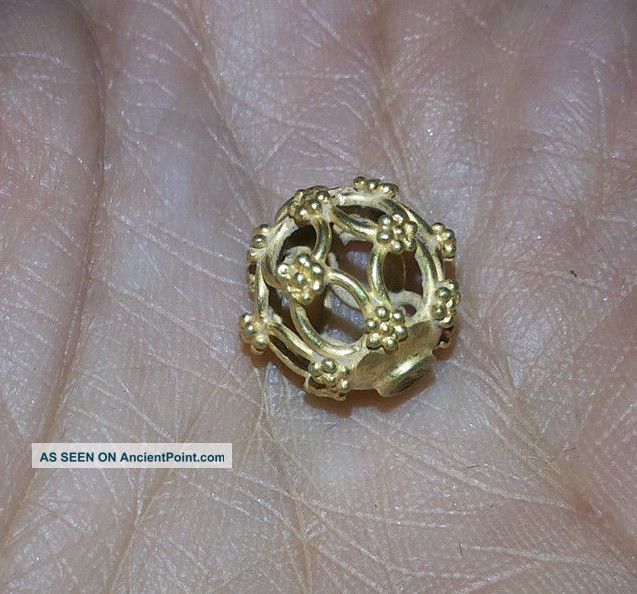 Astonishing Pretty Antique Solid 2k Gold Viking Bead Open Work Flower On Cage Near Eastern photo