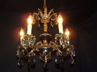 Antique Petite Brass Crystal Chandelier 5 Lights,  Crystals,  Black Accent photo