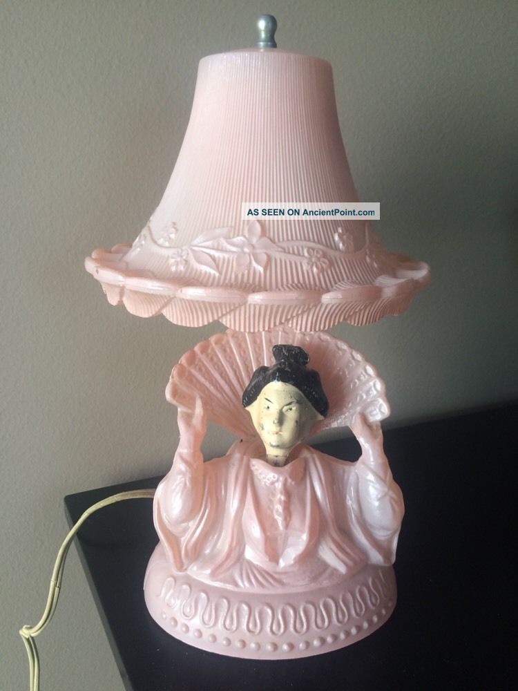 Antique Art Deco Boudoir Night Stand Asian Japanese Pink Glass Nodder Lamp Lamps photo