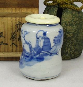 F508: Japanese Old Kiyomizu Blue - And - White Porcelain Tea Caddy W/appraisal Box photo