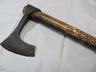 Ancient Medieval Bearded Viking Battle Axe 10 - 11 Century Hand Carved Handle photo