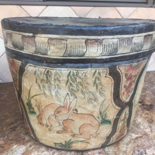 Antique Chinese Paper Mache Hat Storage Box Hand Painted 12 