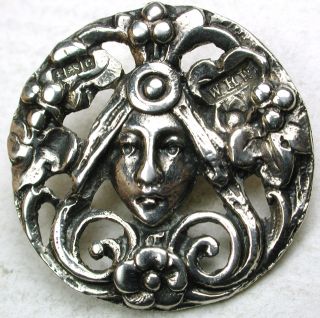 Antique Sterling Silver Button Pierced Art Nouveau Woman W Hallmarks 1 