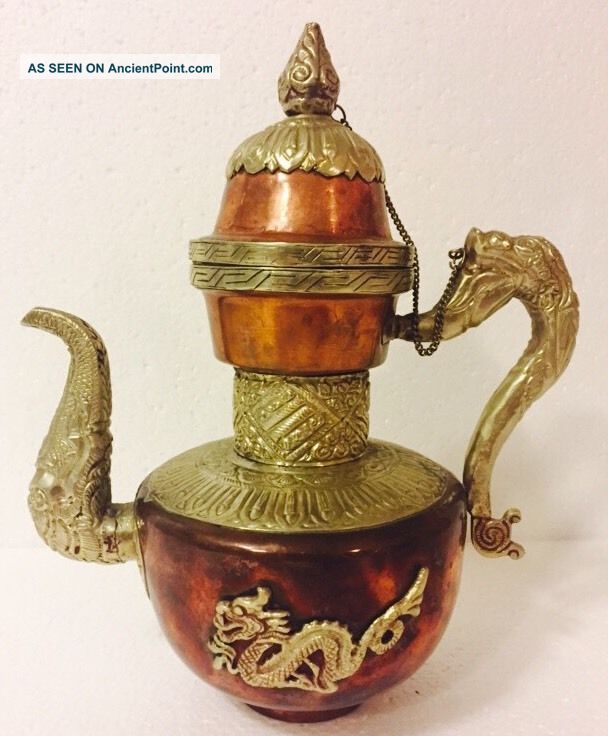 Antique Tibetan Copper And Silver Plate Teapot / Kettle 10.  5 