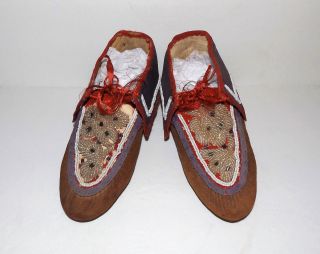 Antique Native American Indian Beaded Leather Vtg Iroquois Moccasins photo