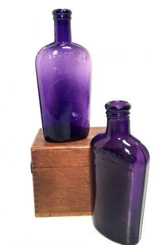 Whiskey Bottle Flasks Amethyst Purple Pressed Glassturn Of The Century Vtg Pair photo