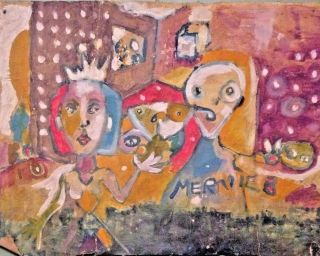 Queen&dog Primitive Folk Art Ooak Raw&outsider Art photo