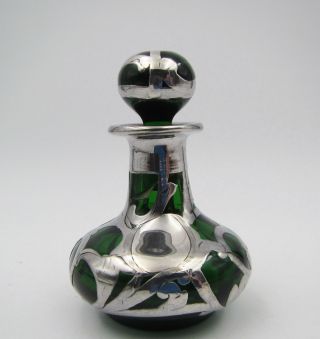Antique Sterling Silver 925 Overlay Art Nouveau Green Glass Perfume Bottle As - Is photo