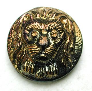 Antique Black Glass Button Detailed Lion Face W/ Gold Luster - 11/16 