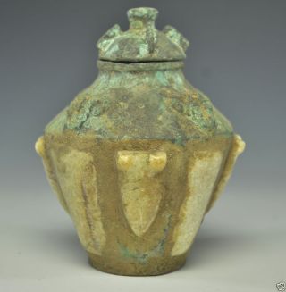 Unusual Ancient Chinese Bronze Inlay Jade Cicada And Sheep Head Design Pot photo