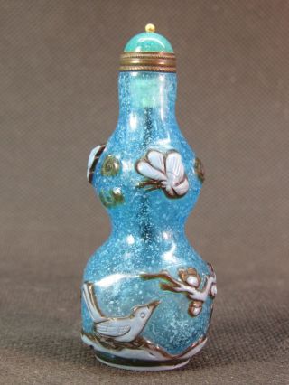 Chinese Butterfly Plum Blossom Bird Carved Peking Overlay Glass Snuff Bottle photo