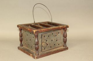 Rare Untouched Late 18th C Tin And Wood Foot Warmer Diamond Design Old Red Paint photo