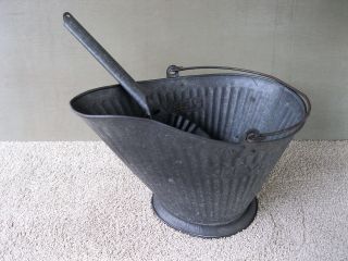 Antique Coal Scuttle Hod Bucket,  Reeves Primitive 17 Metal Ash Shovel Bail Hndl photo