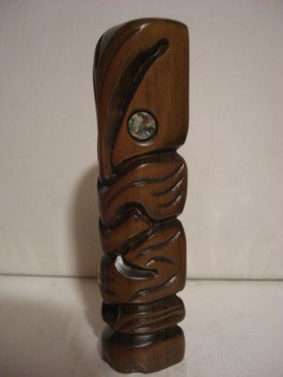Wooden Hand Carved 17cm Maori Tiki Totem Zealand With Paua Shell Eyes Vntg photo